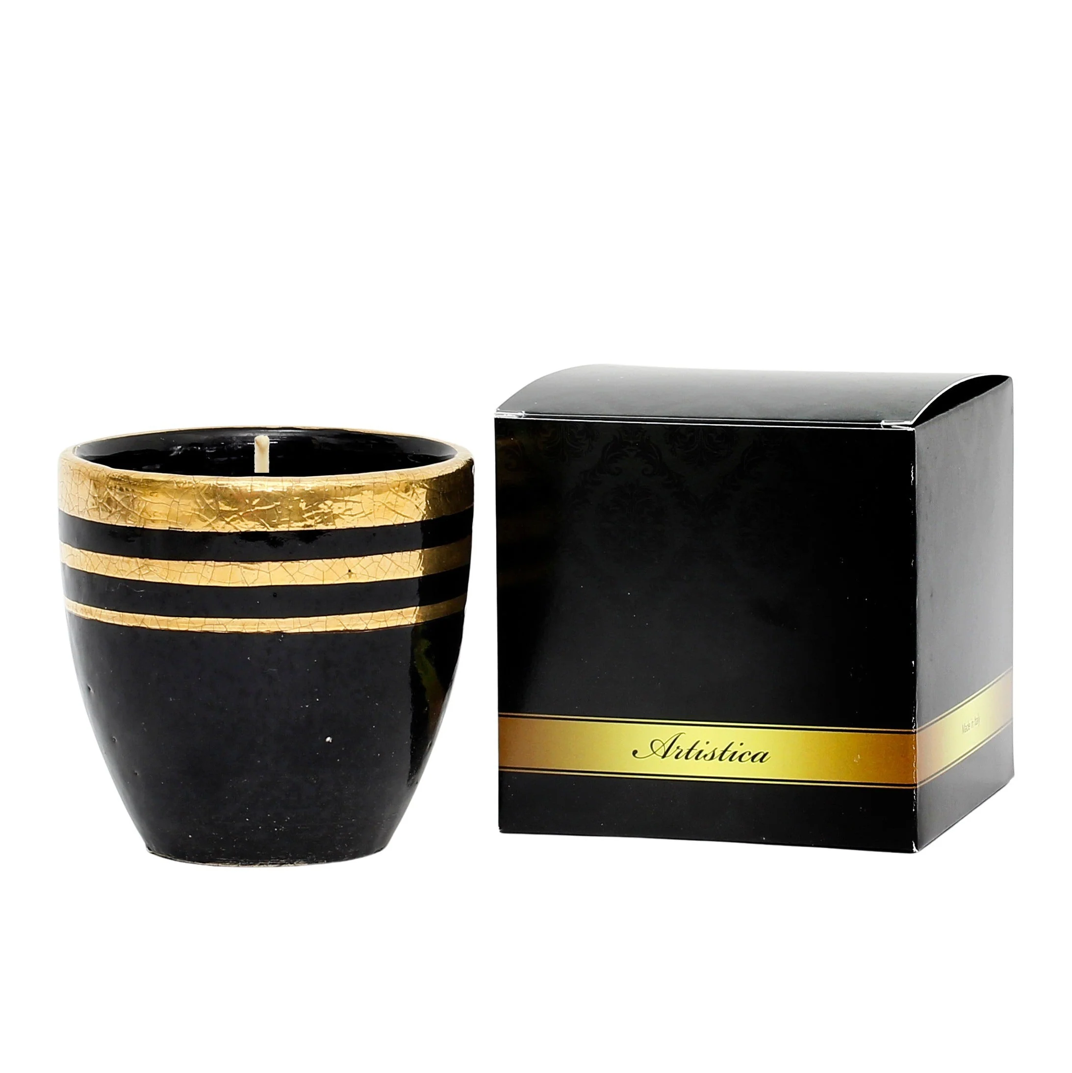 DERUTA MILANO: Large Candle Black with Hand Painted Pure Gold Stripes - Image 3