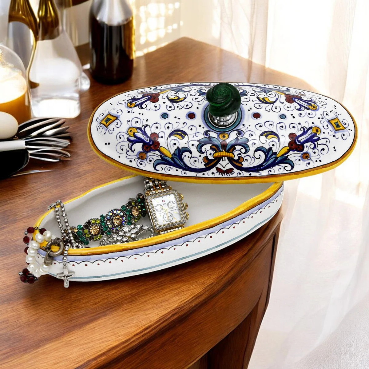 JEWERLY BOX: Authentic Deruta Keepsake Oval Box with Murano Knob - RICCO DERUTA design - Image 9