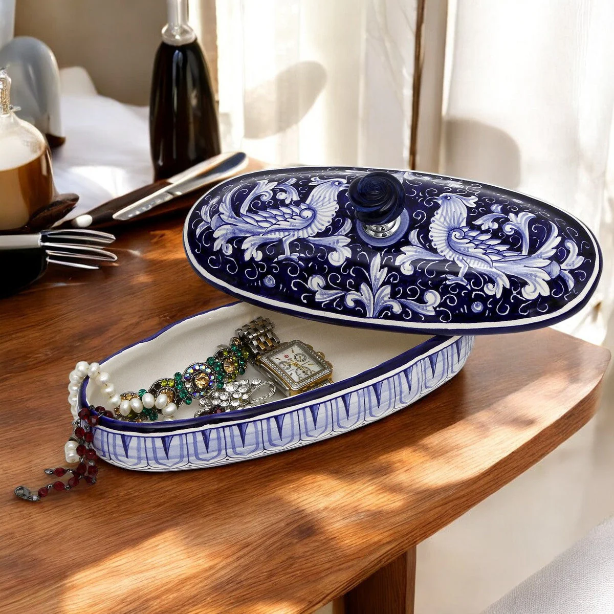 JEWERLY BOX: Authentic Deruta Keepsake Oval Box with Murano Knob - DERUTA FONDO BLU design - Image 5