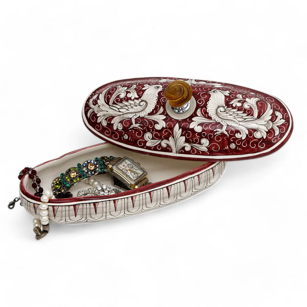 JEWERLY BOX: Authentic Deruta Keepsake Oval Box with Murano Knob - DERUTA FONDO ROSSO design - Image 2
