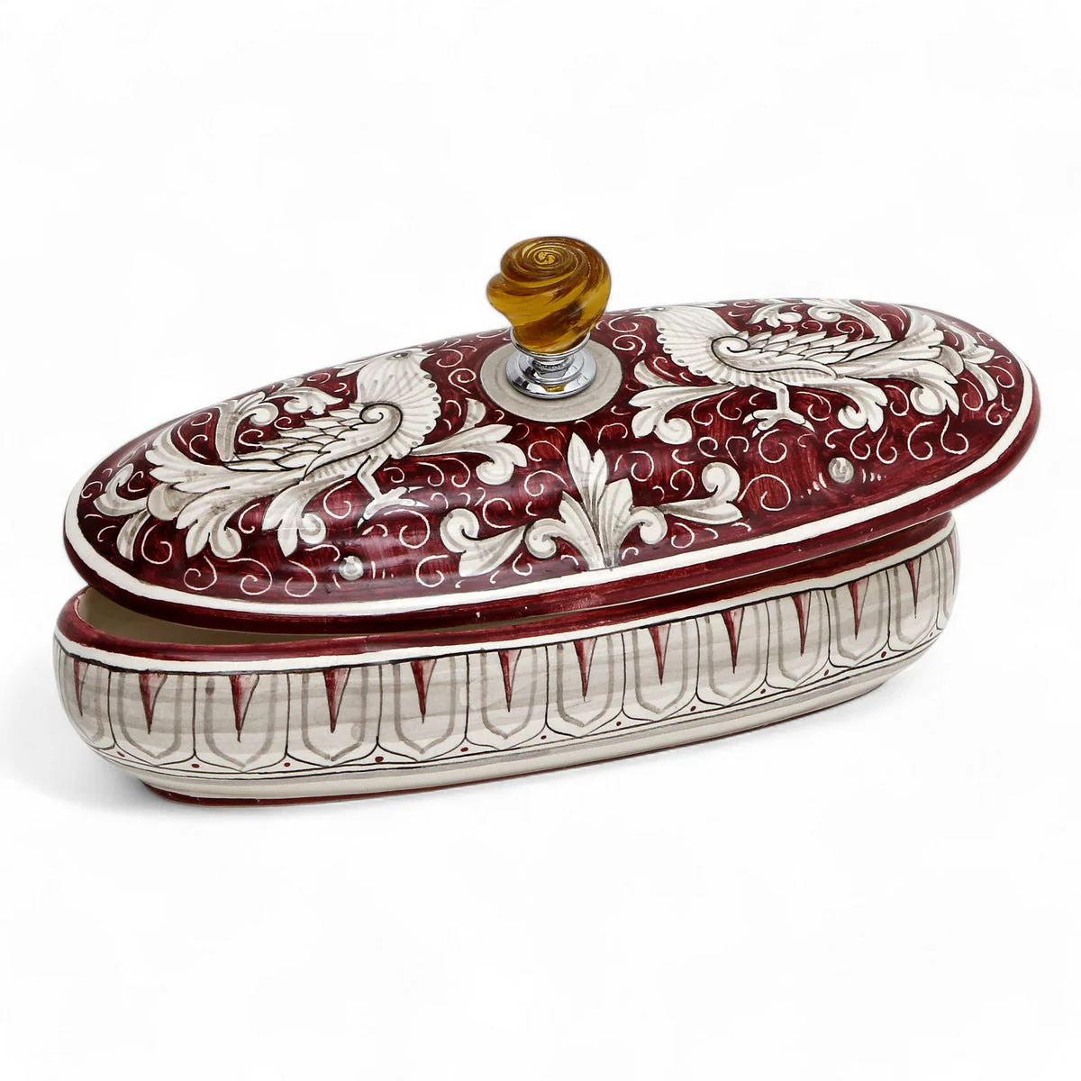 JEWERLY BOX: Authentic Deruta Keepsake Oval Box with Murano Knob - DERUTA FONDO ROSSO design - Image 3