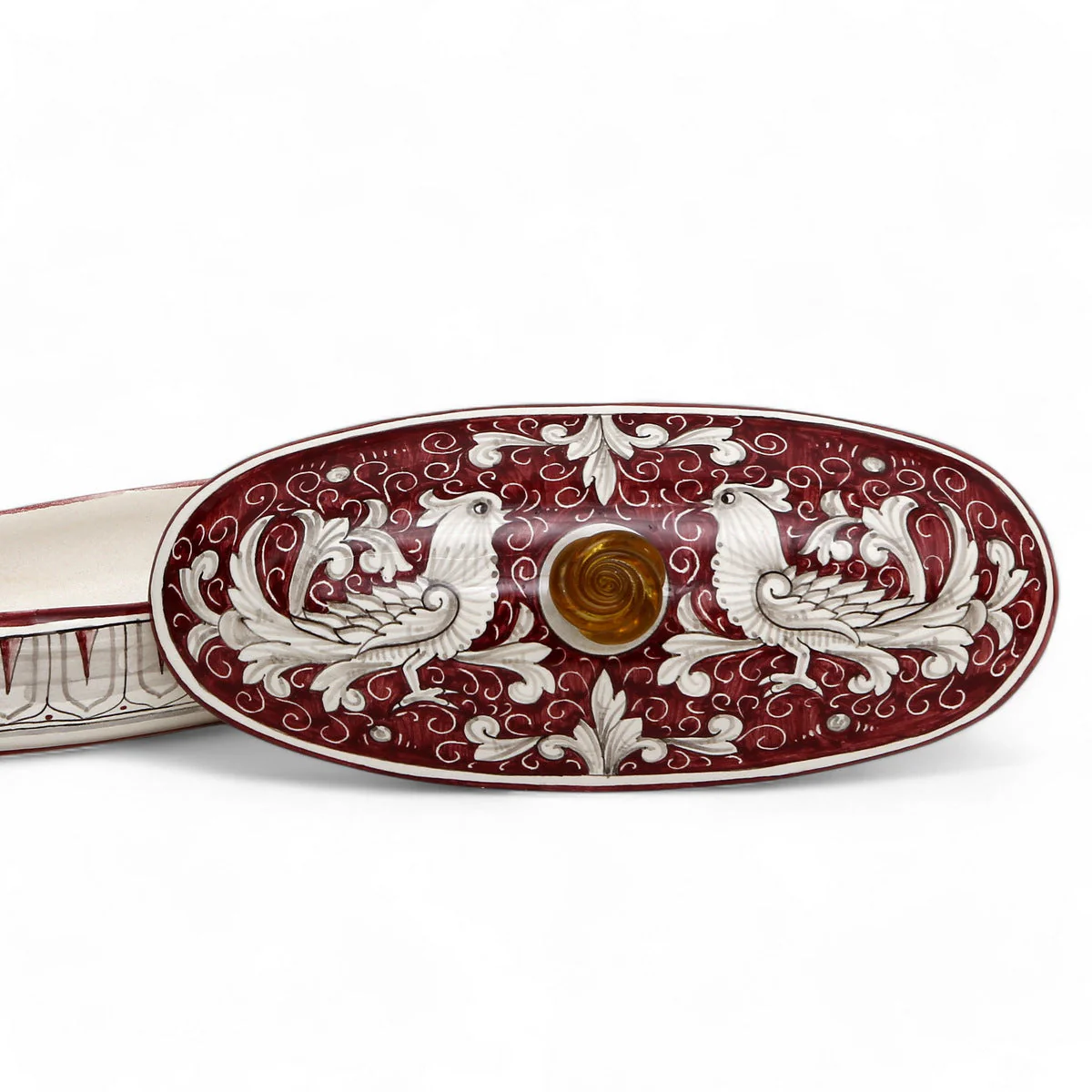JEWERLY BOX: Authentic Deruta Keepsake Oval Box with Murano Knob - DERUTA FONDO ROSSO design - Image 4