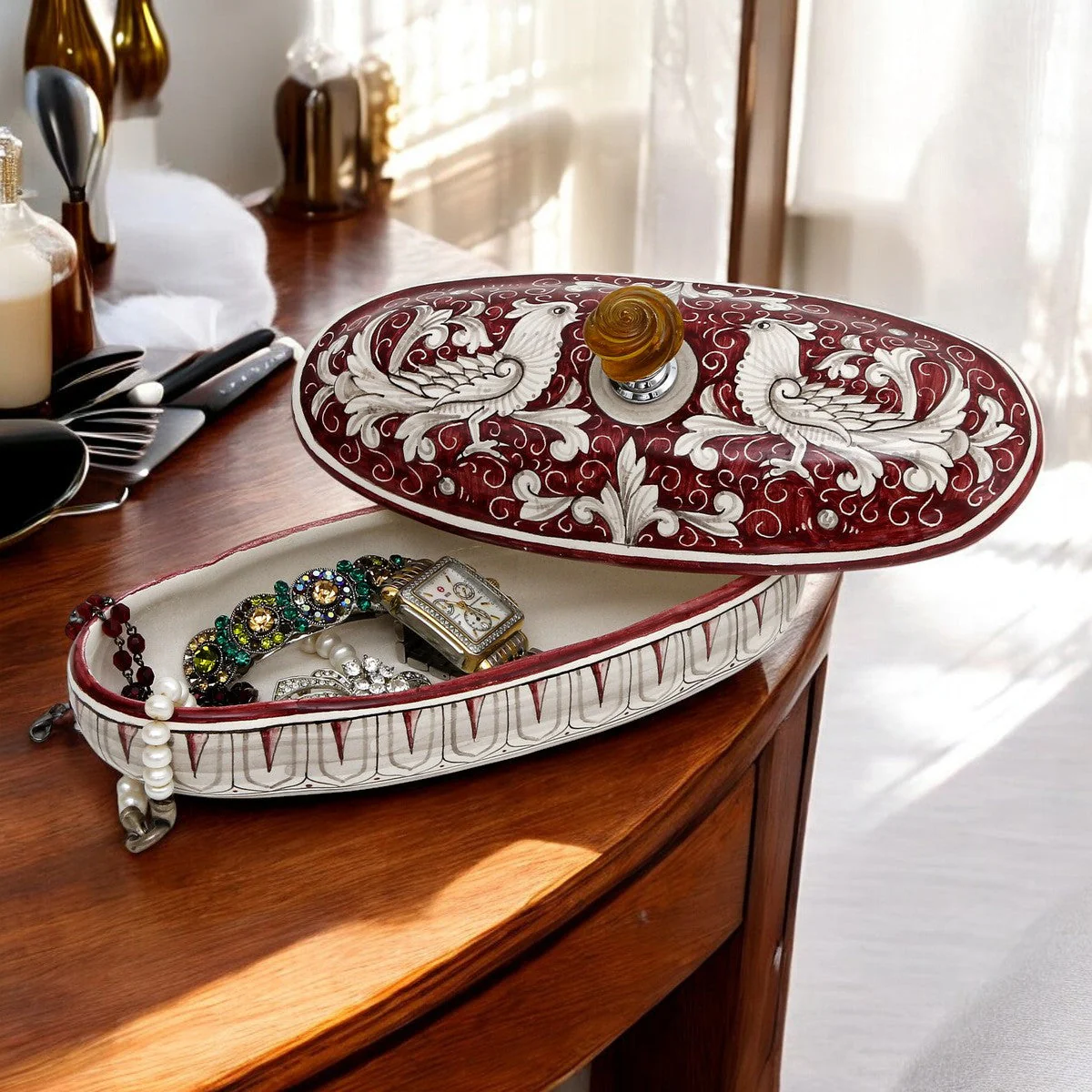 JEWERLY BOX: Authentic Deruta Keepsake Oval Box with Murano Knob - DERUTA FONDO ROSSO design - Image 5