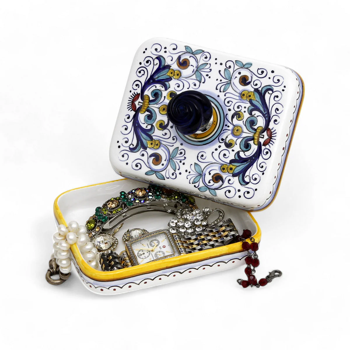 JEWERLY BOX: Authentic Deruta Keepsake Rectangular Box with Murano Knob - RICCO DERUTA design - Image 2