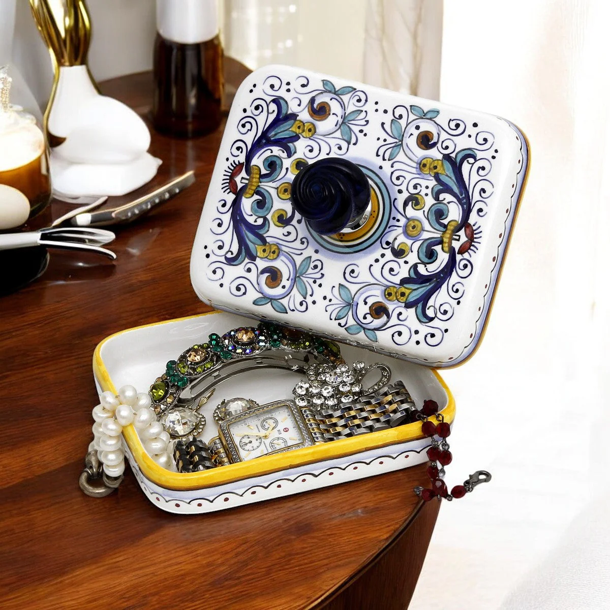 JEWERLY BOX: Authentic Deruta Keepsake Rectangular Box with Murano Knob - RICCO DERUTA design - Image 8