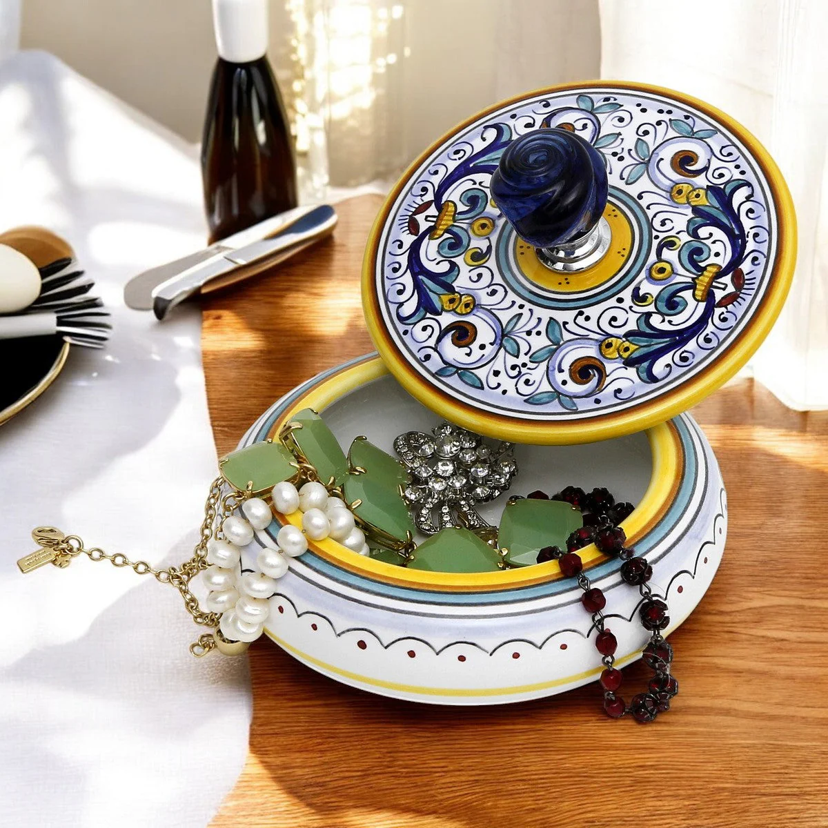JEWERLY BOX: Authentic Deruta Keepsake Round Box with Murano Knob - RICCO DERUTA design - Image 9