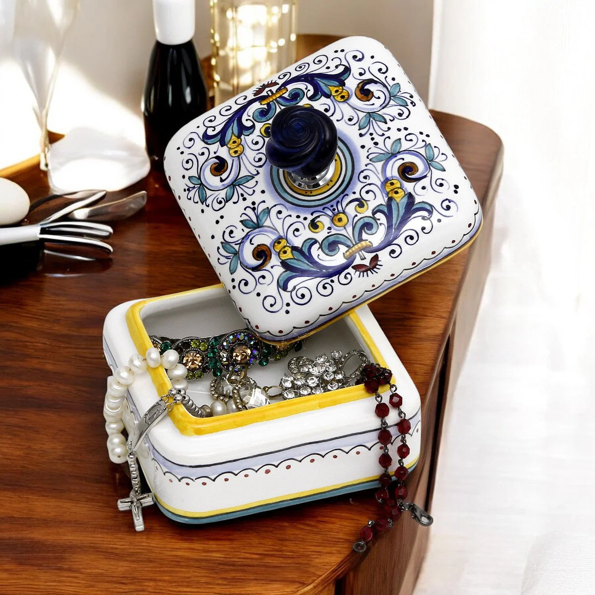 JEWERLY BOX: Authentic Deruta Keepsake Square Box with Murano Knob - RICCO DERUTA design - Image 7