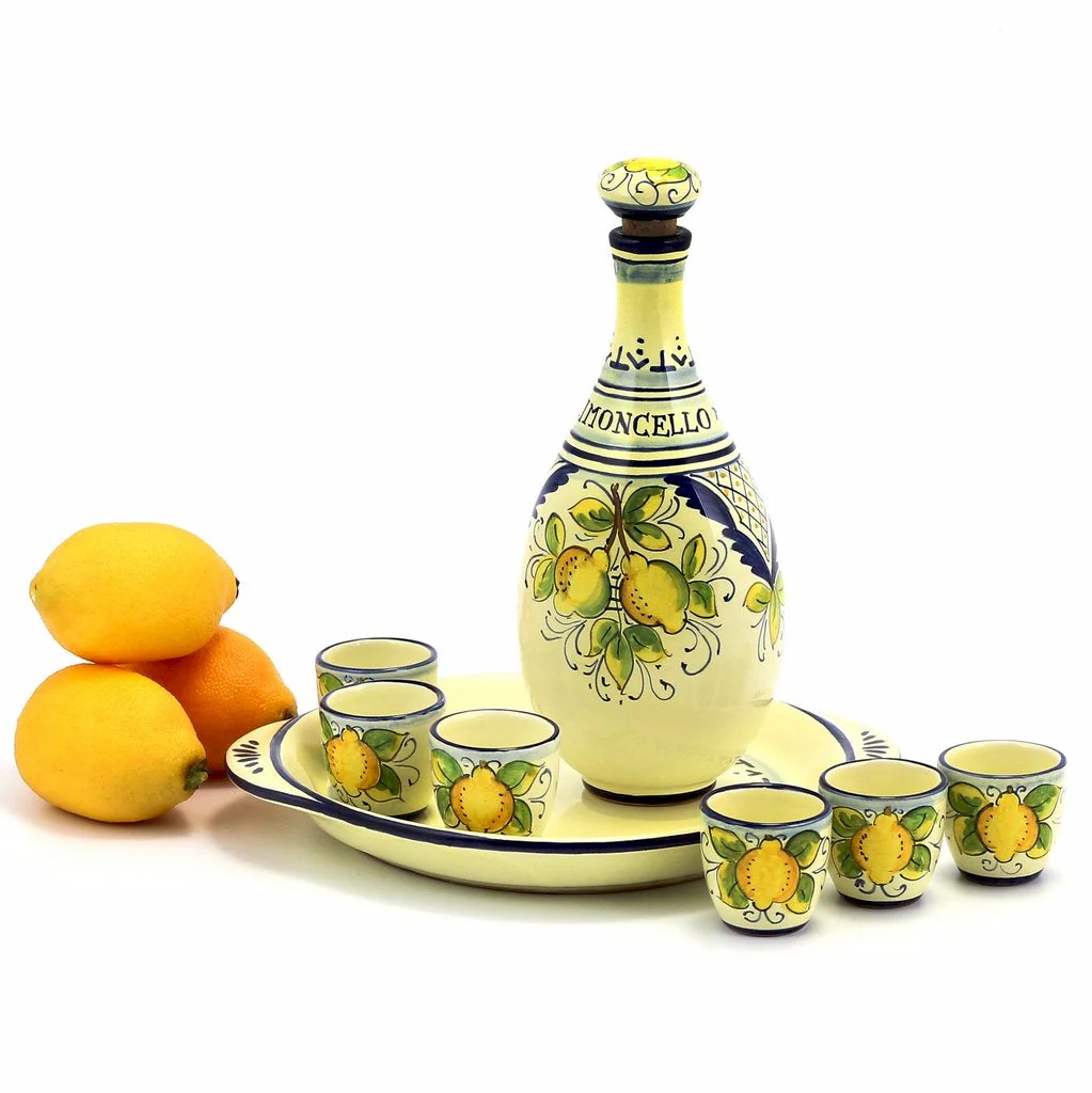 LIMONCELLO: Limoncello Set with Blue trimmings - Bottle with stopper and Tray and 6 Shot Glasses -  (Limoncello liquor not included) - Image 2