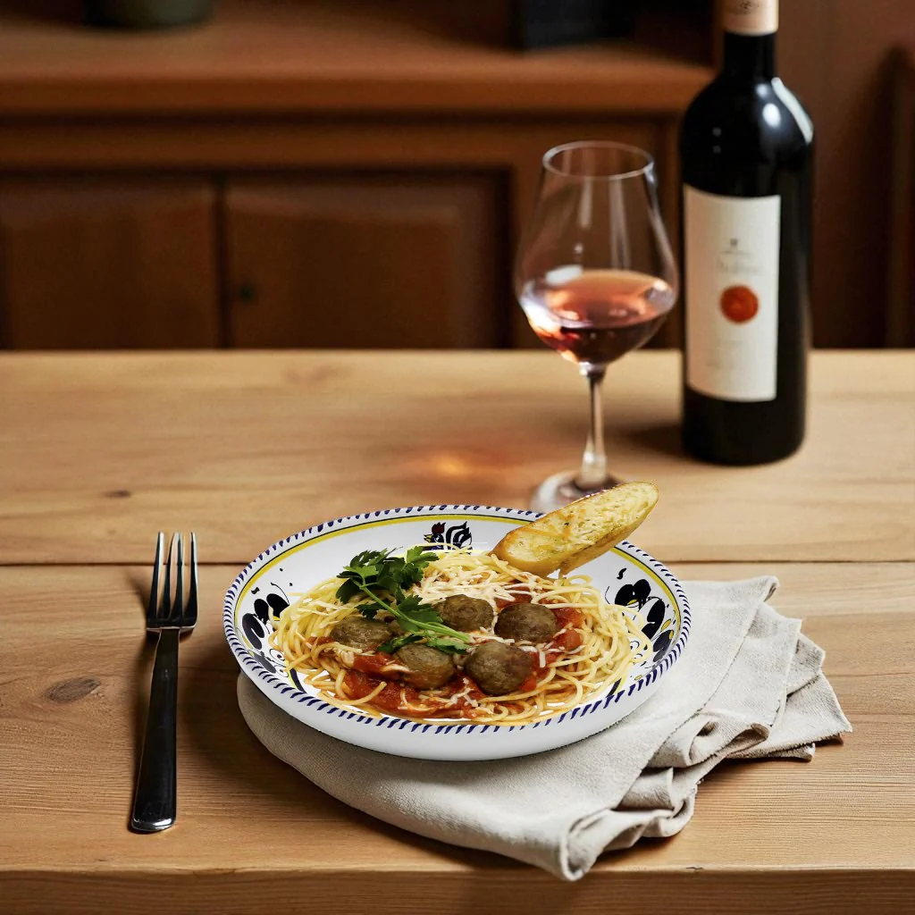 ORVIETO BLUE ROOSTER: Risotto/Pasta/Cioppino round shallow coupe bowl - Image 2