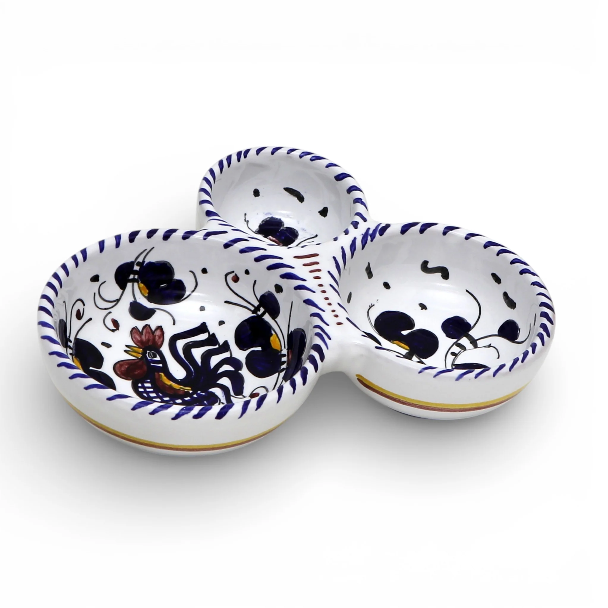 ORVIETO BLUE ROOSTER: Olive Dish Bowl - Relish, Condiments, Olive and Nuts THREE PARTS divided bowl