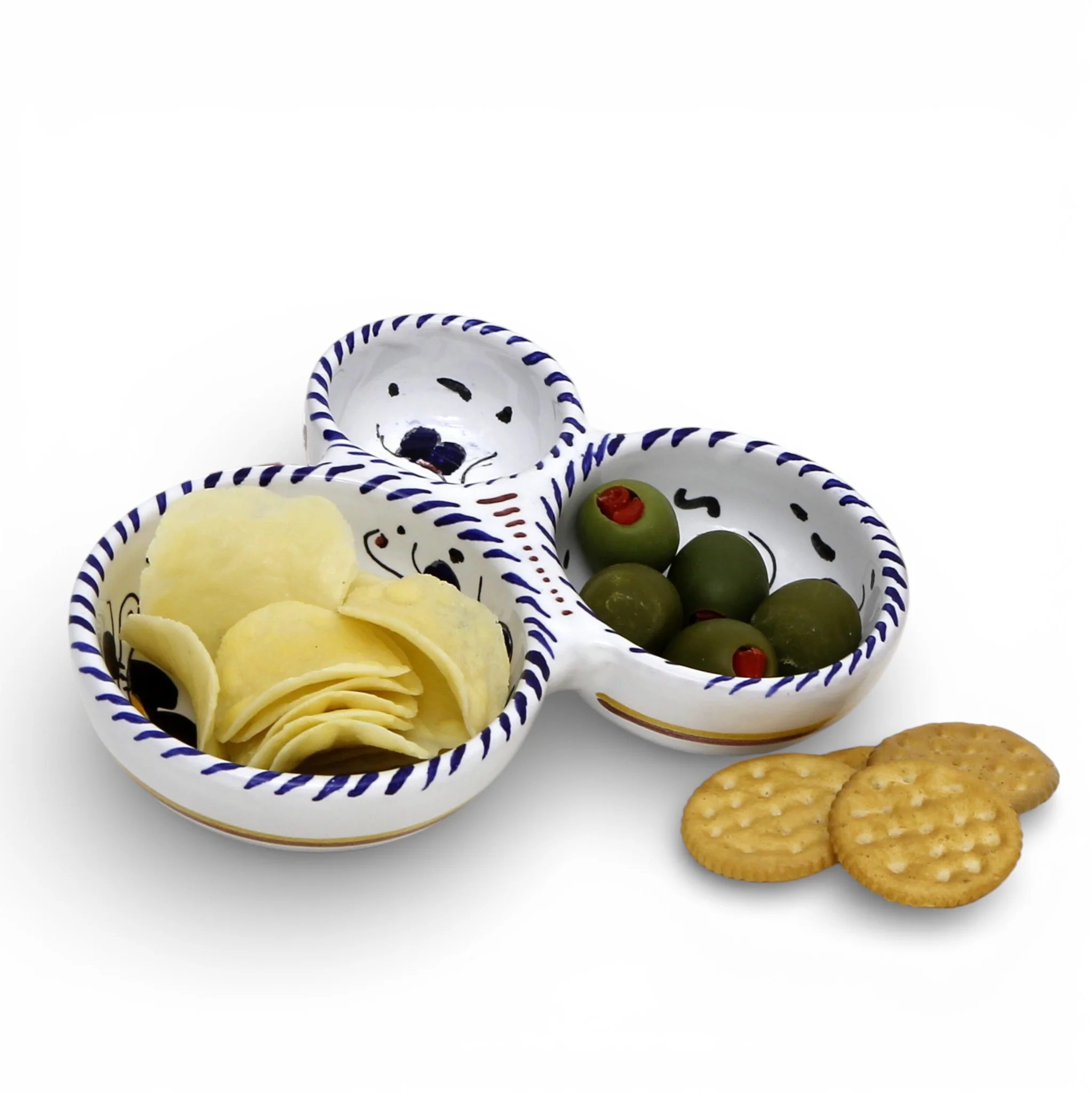 ORVIETO BLUE ROOSTER: Olive Dish Bowl - Relish, Condiments, Olive and Nuts THREE PARTS divided bowl - Image 3