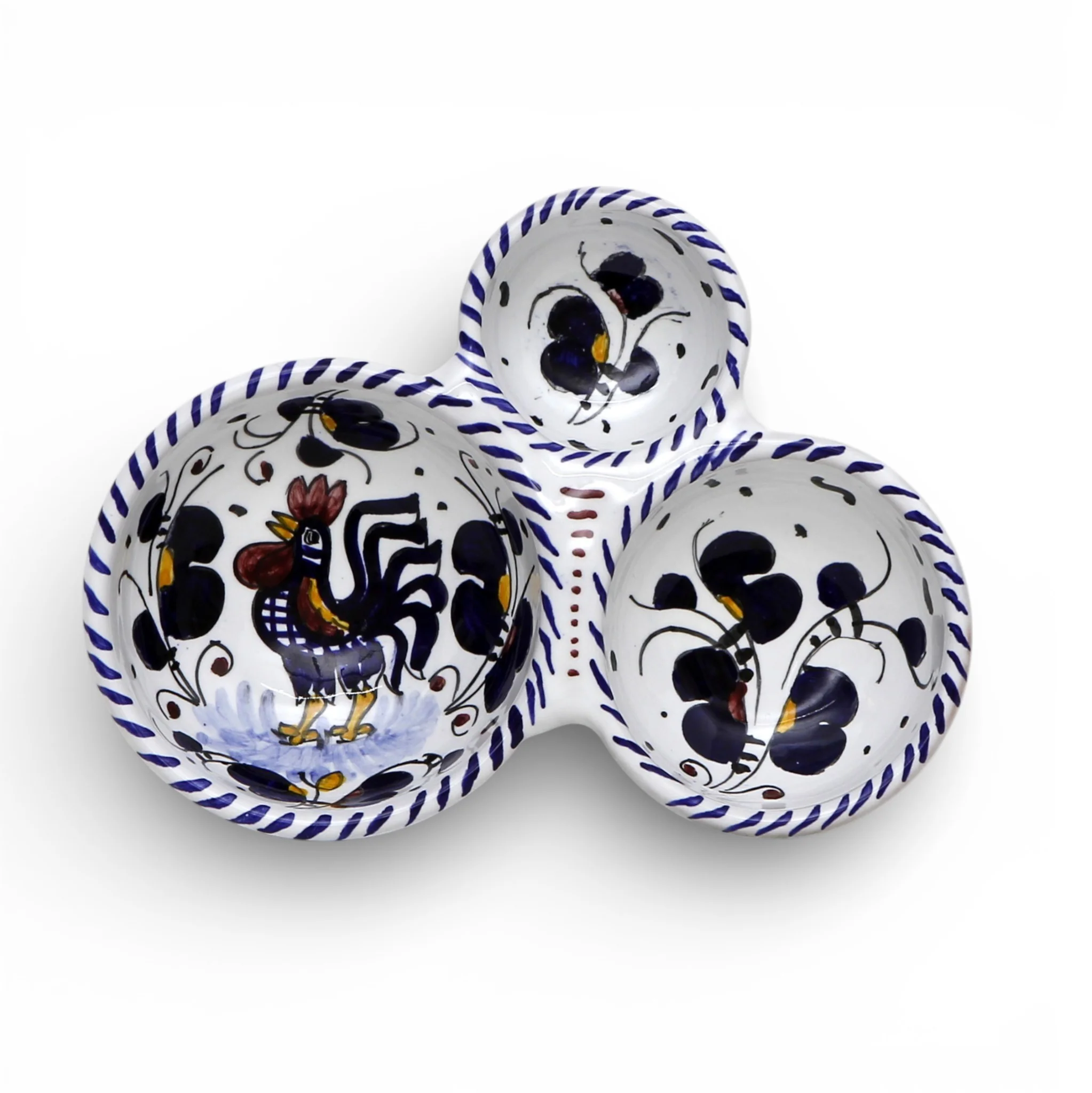 ORVIETO BLUE ROOSTER: Olive Dish Bowl - Relish, Condiments, Olive and Nuts THREE PARTS divided bowl - Image 4