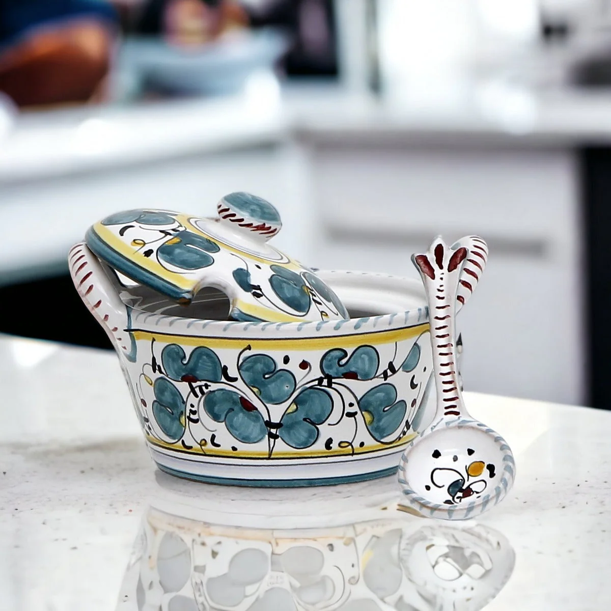 ORVIETO GREEN ROOSTER: Covered Parmesan Cheese Bowl with Spoon - Image 3