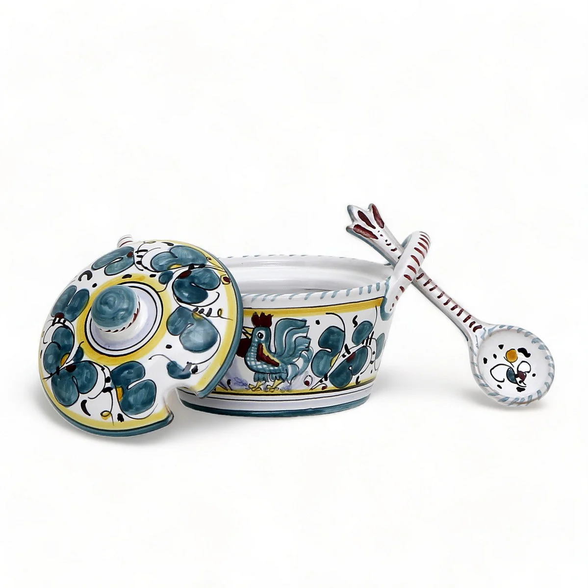 ORVIETO GREEN ROOSTER: Covered Parmesan Cheese Bowl with Spoon - Image 5
