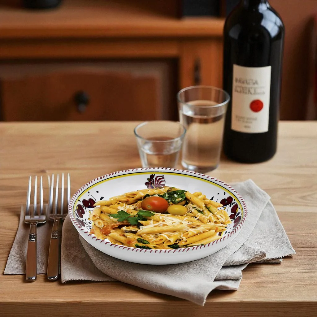 ORVIETO RED ROOSTER: Risotto/Pasta/Cioppino round shallow coupe bowl - Image 2
