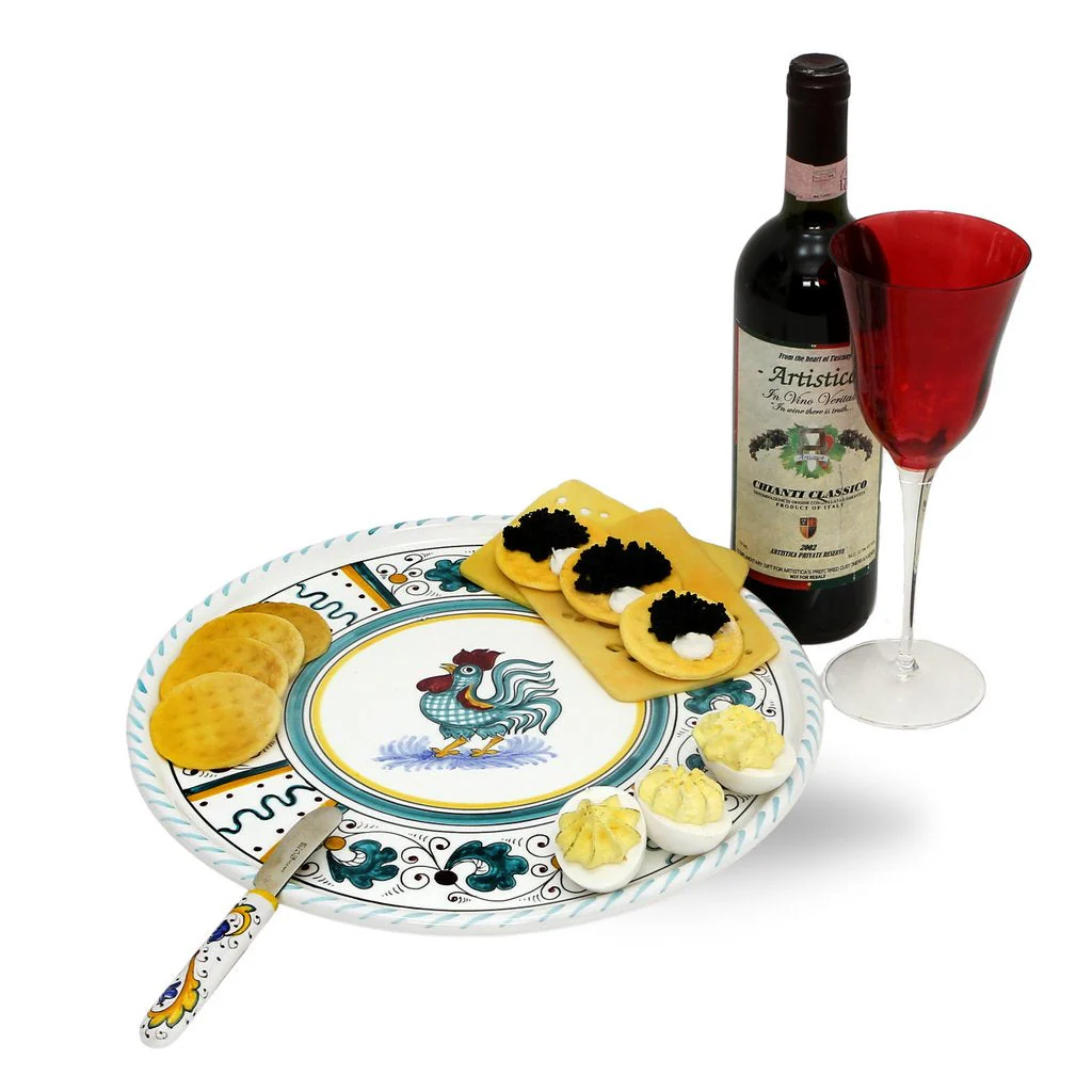 ORVIETO GREEN ROOSTER: Deruta Pizza Plate - Cake or Cheese Platter. - Image 2