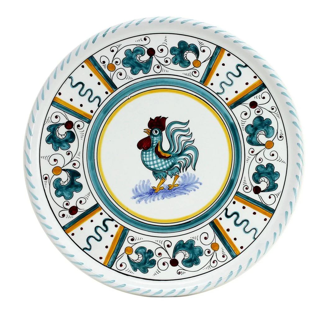 ORVIETO GREEN ROOSTER: Deruta Pizza Plate - Cake or Cheese Platter. - Image 3