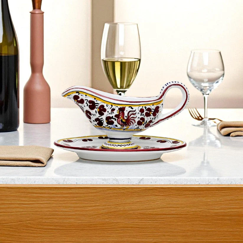 ORVIETO RED ROOSTER: Gravy Sauce Boat with Tray - Image 2