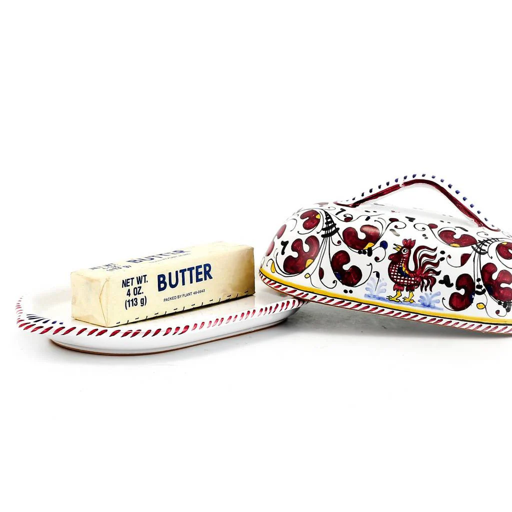 ORVIETO RED ROOSTER: Oval Butter Dish with Cover - Image 3