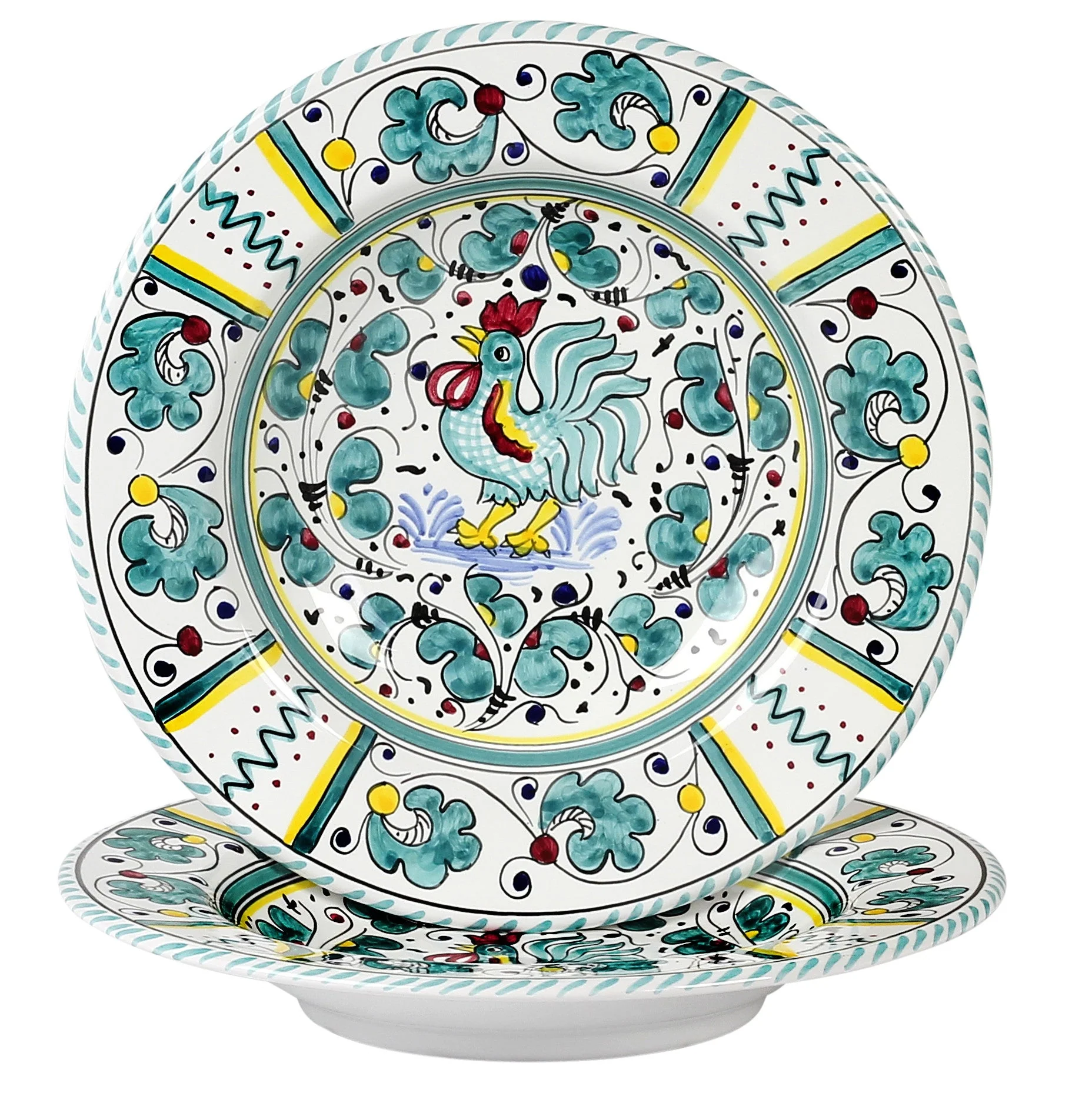 ORVIETO GREEN ROOSTER: Pasta/Soup Rimmed Bowl Plate