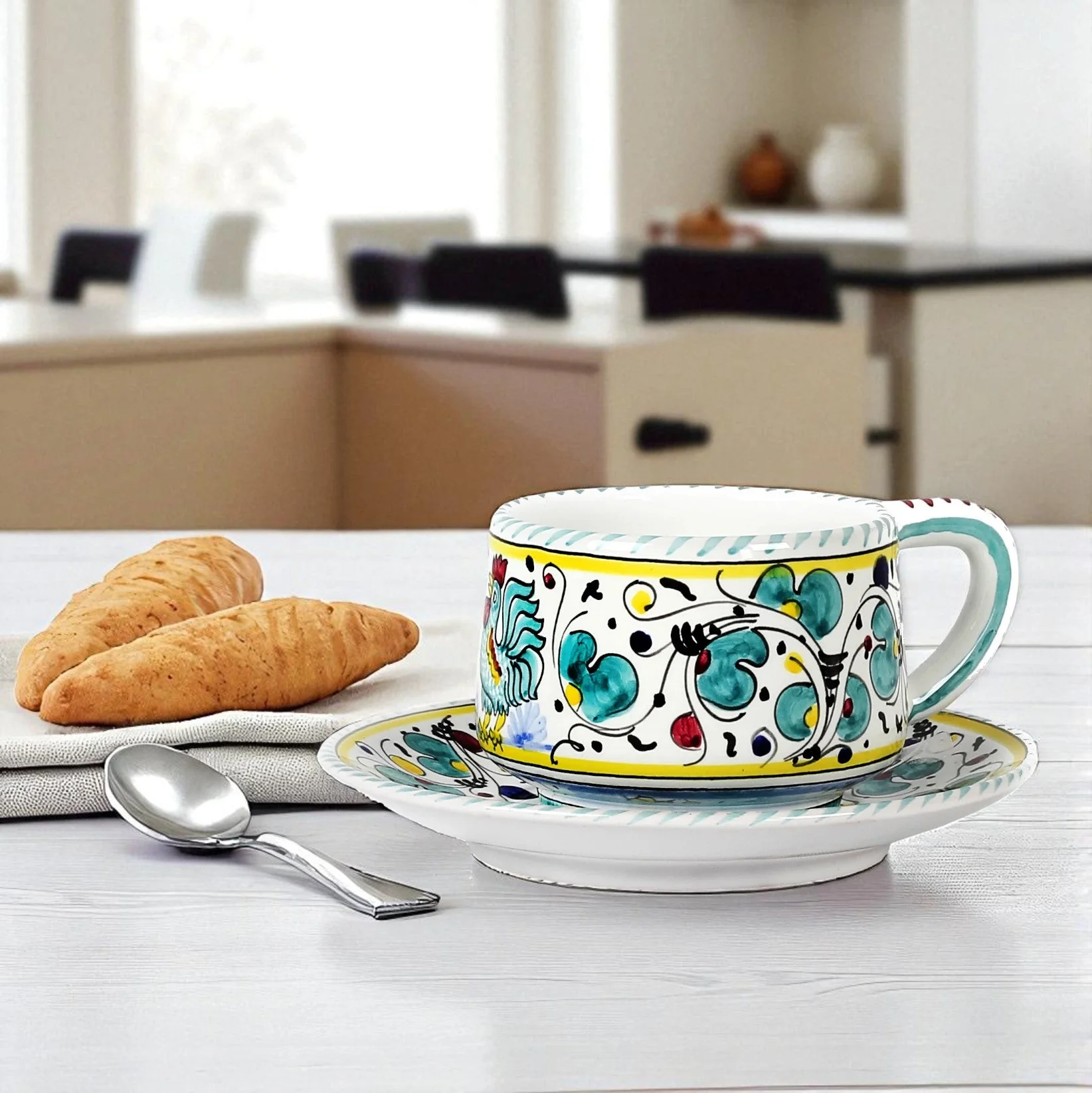 ORVIETO GREEN ROOSTER: Tea/Coffee Cup and Saucer - Image 2