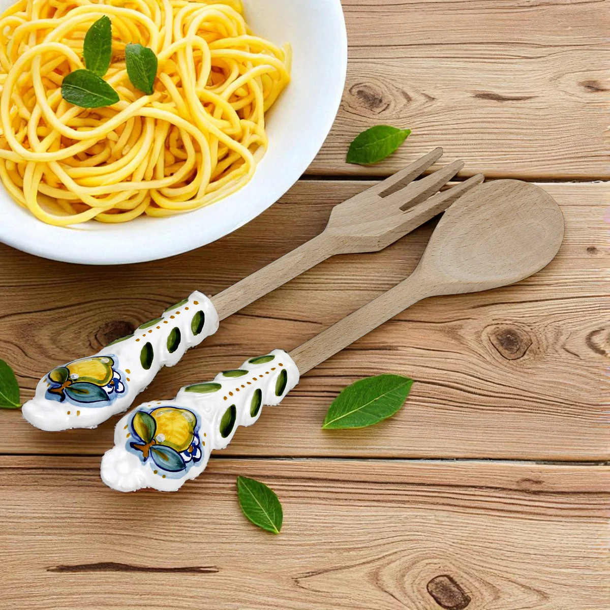 UTENSIL SET: LEMON Design - Hard Wood with Hand Painted Ceramic Handle (Pair Set) - Image 2