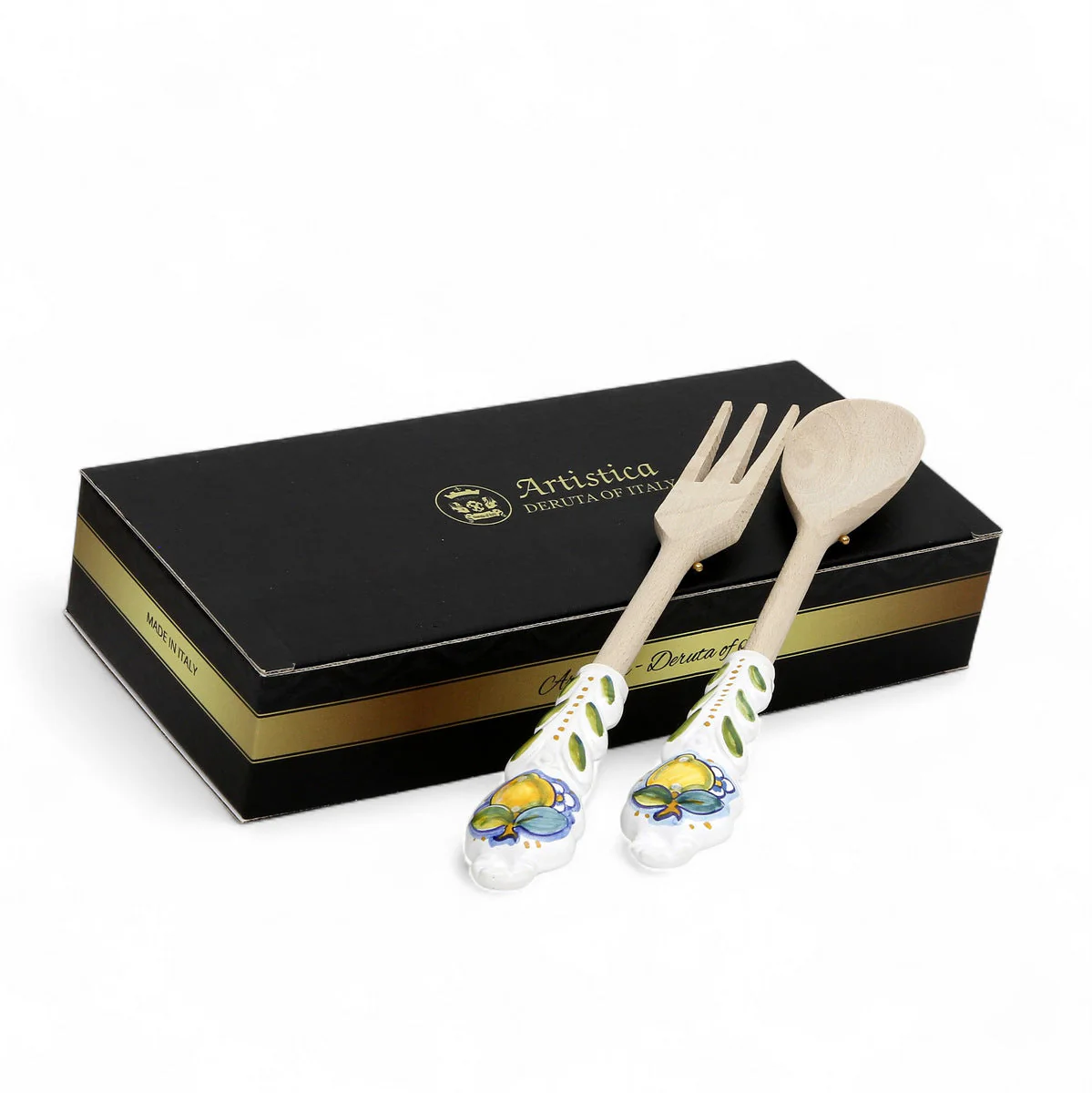 UTENSIL SET: LEMON Design - Hard Wood with Hand Painted Ceramic Handle (Pair Set) - Image 3
