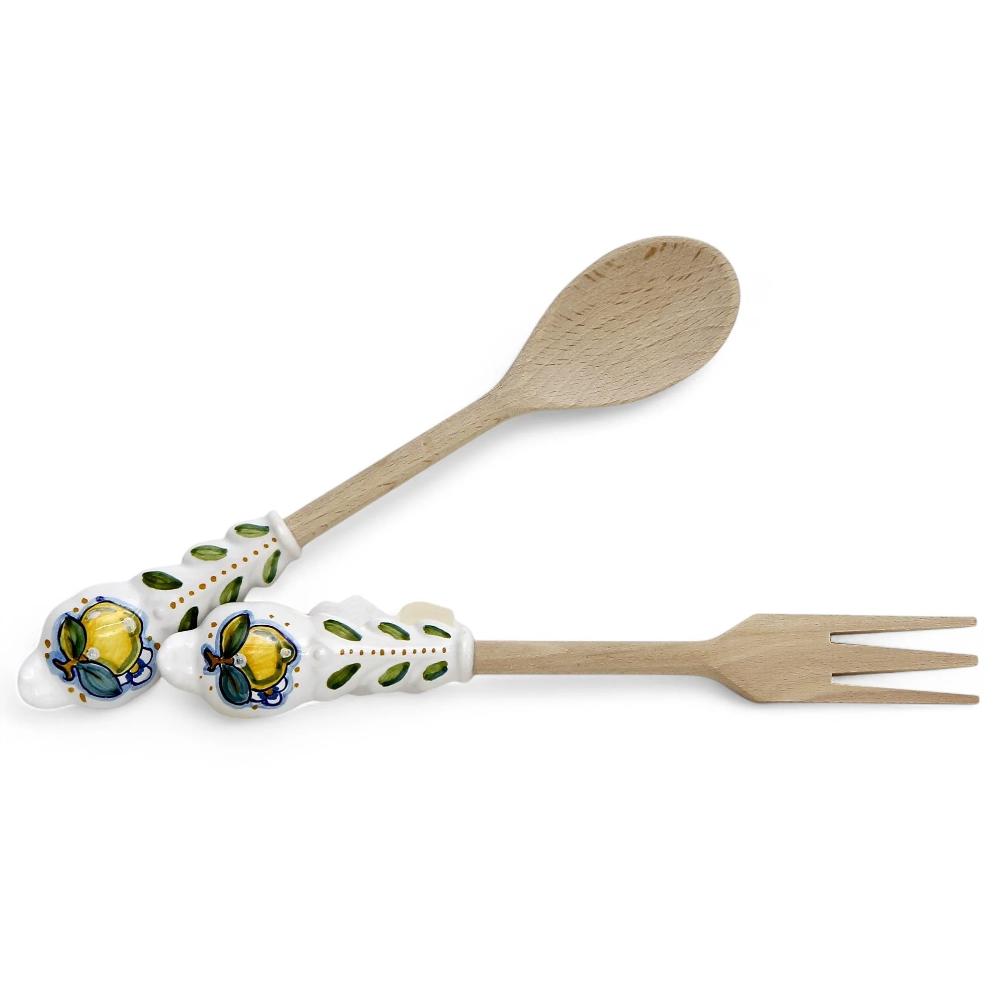 UTENSIL SET: LEMON Design - Hard Wood with Hand Painted Ceramic Handle (Pair Set) - Image 4