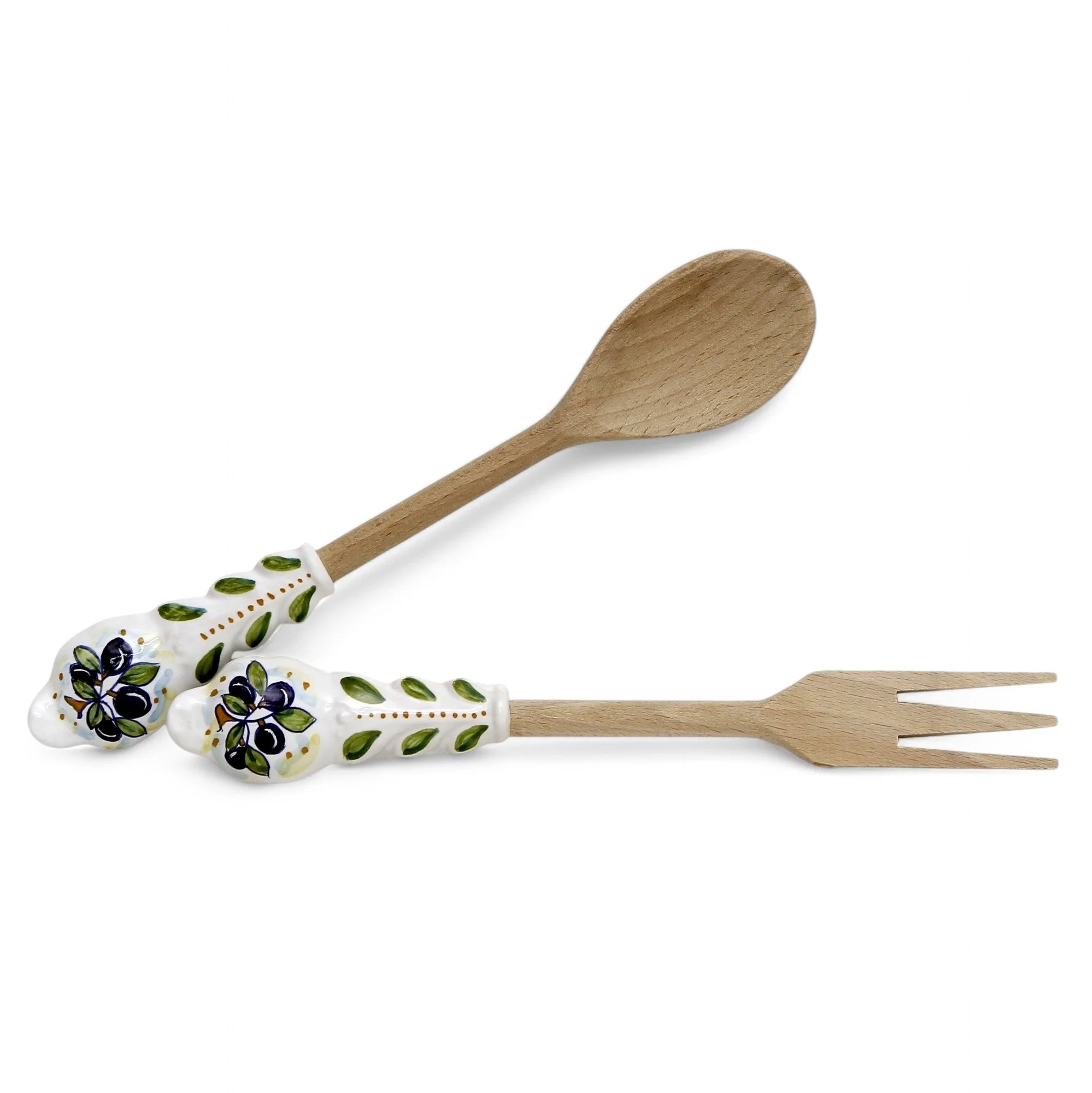 UTENSIL SET: OLIVE Design - Hard Wood with Hand Painted Ceramic Handle (Pair Set) - Image 3