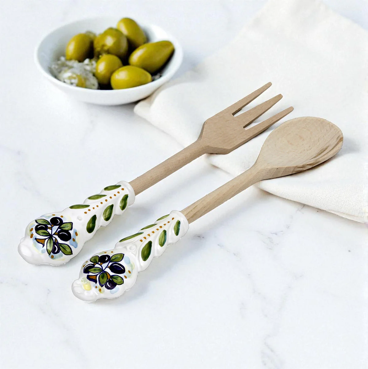 UTENSIL SET: OLIVE Design - Hard Wood with Hand Painted Ceramic Handle (Pair Set) - Image 4
