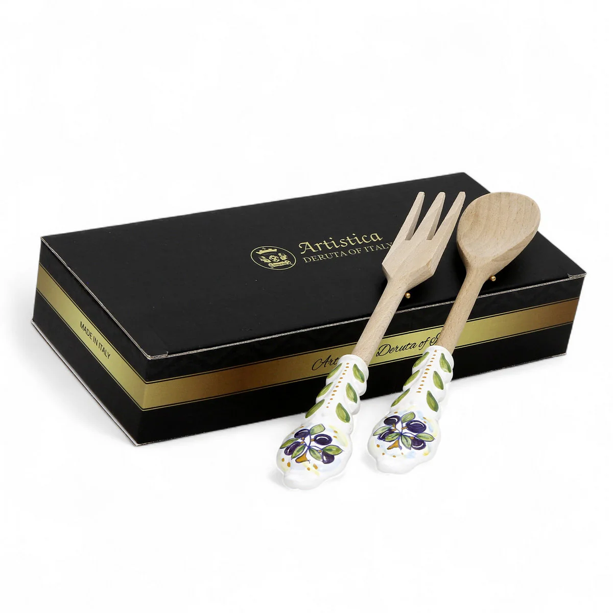 UTENSIL SET: OLIVE Design - Hard Wood with Hand Painted Ceramic Handle (Pair Set) - Image 5